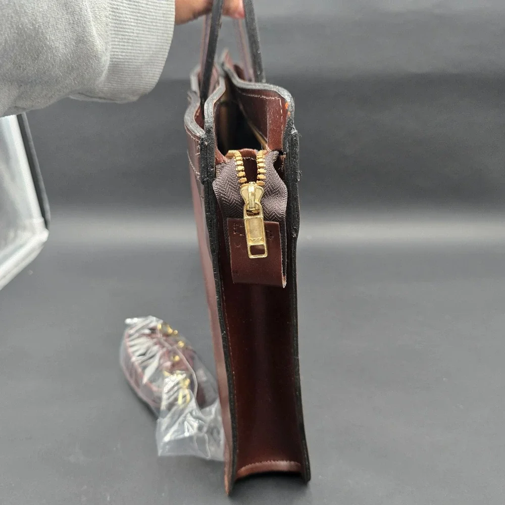 Vintage Brown Leather Briefcase Slim Laptop Bag Messenger with Shoulder Strap